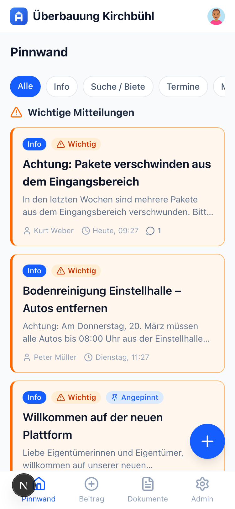 Hausera App – Digitale Pinnwand